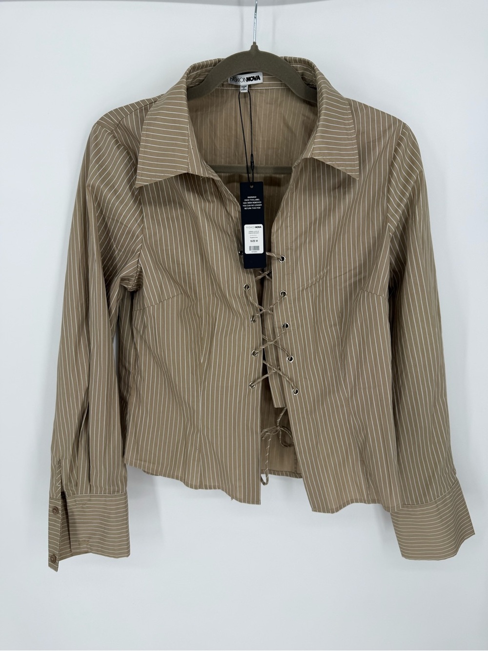 NWT Fashion Nova Sierra Lace Up Pinstripe Shirt Taupe Size M